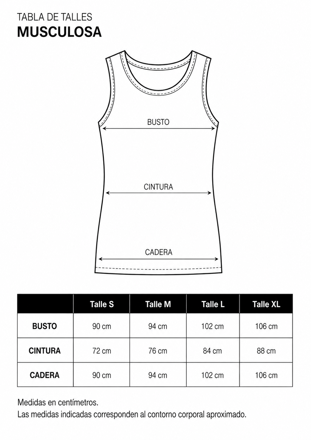 Tabla de talles de musculosa Cr&aacute;neo Company con medidas de busto, cintura y cadera en talles S, M, L y XL.